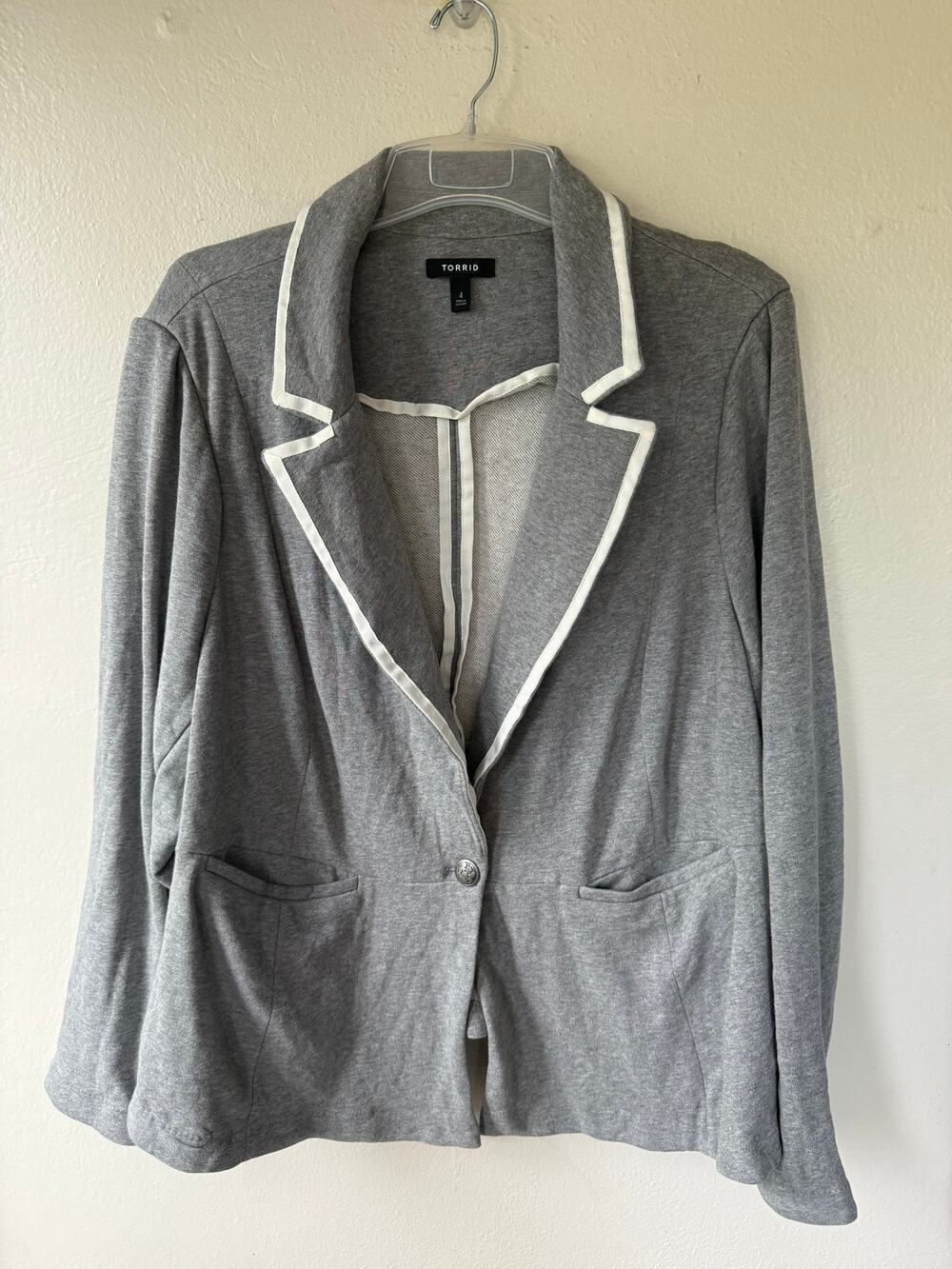 Torrid Size 4 Gray Open Front Blazer White Piping Plus Size Career Jacket